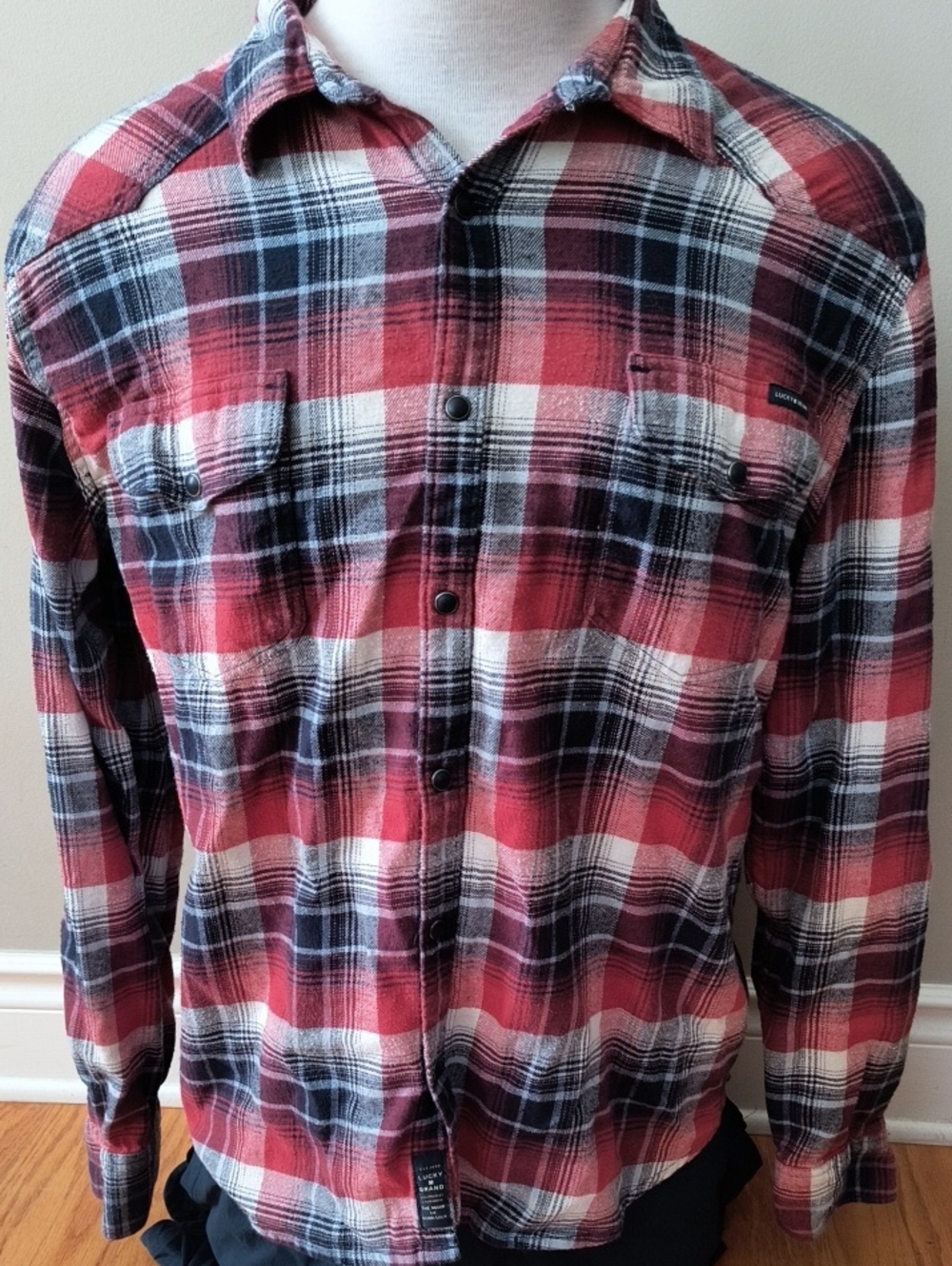 Men's Lucky Brand Red Plaid Flannel Shirt - Classic Snap Front - Large